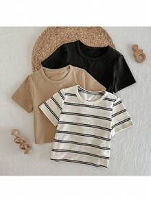 Loomiva 3pcs Baby Boy Striped Pattern Round Neck Long Sleeve Half-Zip Pullover Outfit Set - Multicolor - View 1