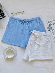 Comfortcana 2026春夏新款女士100%纯棉质感面料白色蓝色短裤多件套，适合女士度假、复活节、圣帕特里克节、派对、外出、婚礼、毕业典礼、优雅、休闲、奢华、正式、情人节、狂欢节、沙滩套装、居家休闲、大学、女士休闲套装、白色裤子、健身房等场合穿着。 - 藍色 - 查看 5