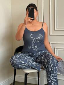 SHEIN 大码女式可爱猫咪印花吊带背心和休闲裤睡衣套装 - 彩色 - 查看 6