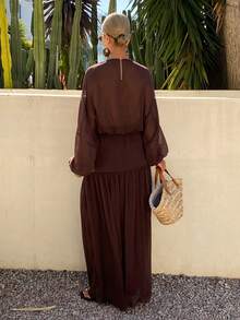 Livesso Summer Vacation Outfit - Loose V-Neck Sheer Top And Casual Skirt Set For Women - Coffee Brown - View 2