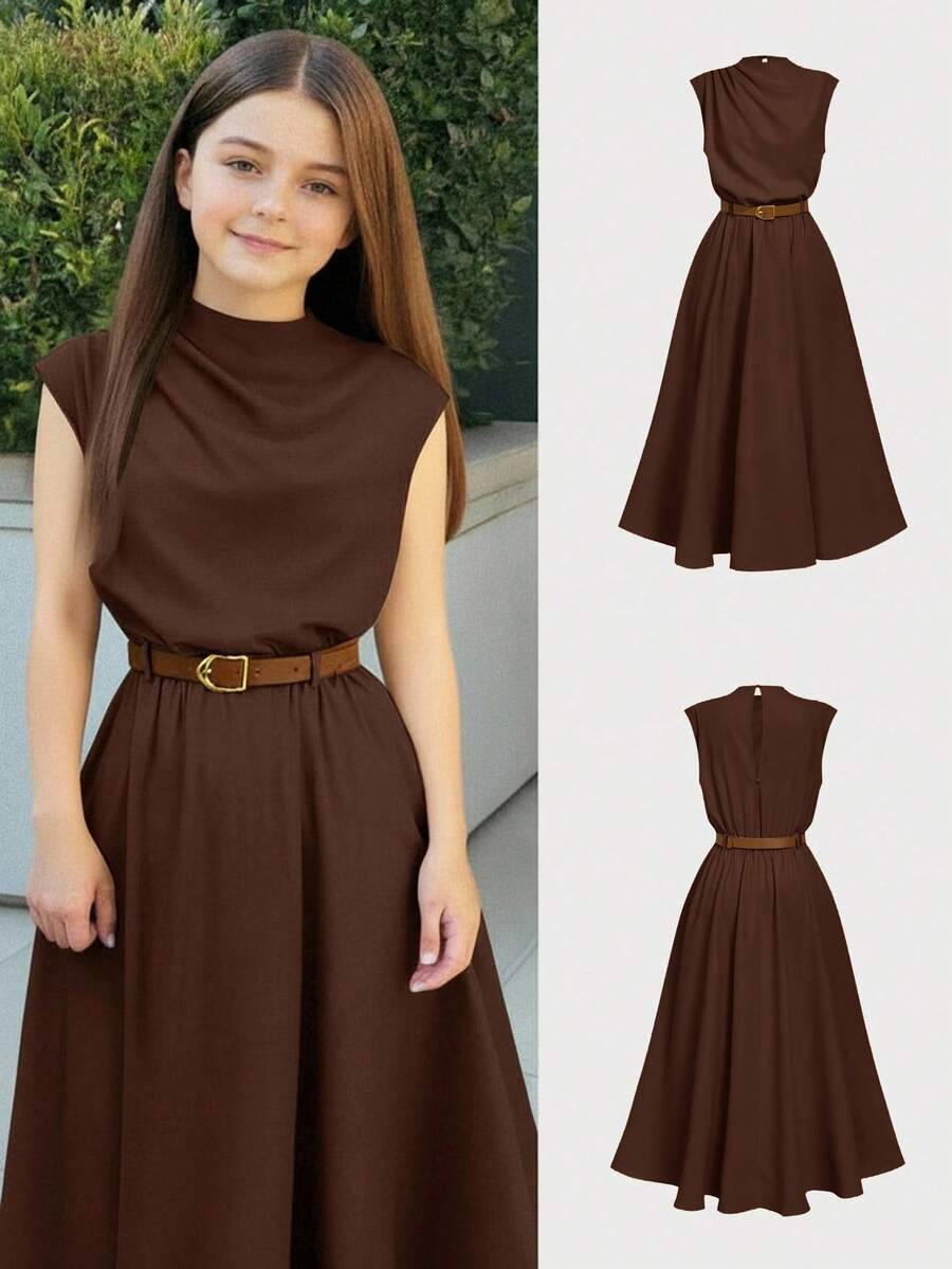 Firerie Kids NovaGlow Tween Girl Tween Girls Casual Chic Commuter Stand Collar Flare Waist A-Line Long Dress, Brown - Brown - View 1