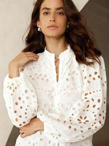 Aveloria Rosie 新款秋季法式休闲刺绣镂空褶裥长袖衬衫 - 白色 - 查看 2