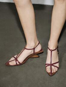 2025 法国皮革尖头坡跟时尚简约系带凉鞋，适合女士，鞋头空间约 3.2 厘米 - 3.6 厘米 - 紅色 - 查看 3