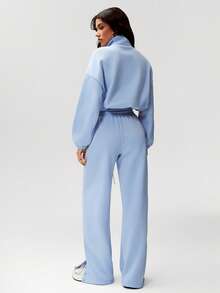 Denimoi Slit Hem Button Detail Straight Leg Sweatpants Casual Outfits Airport Outfits Loungewear Cozy - Blue - View 5