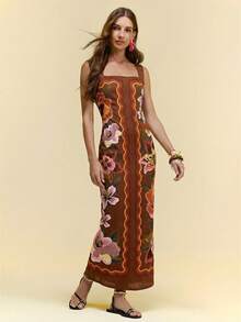 CAJUNI Women's Casual Vacation Tropical Floral Print Brown Open Shoulder Knit Midi Dress, Date Dress, Elegant Dress, Long Sundress - Red - View 4