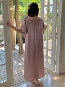 Dazy Plus Plus Size Bow Tie Collar Ruffle Fabric Casual Loose Short Sleeve Pink Nightgown For Girls, Spring/Summer Pajamas - Pink - View 7