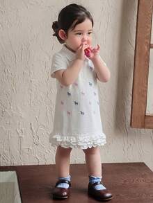 DAZY Baby Girl Turndown Collar Cartoon Embroidery Korean Style Ruffle Trim Short Sleeve Dress - White - View 3