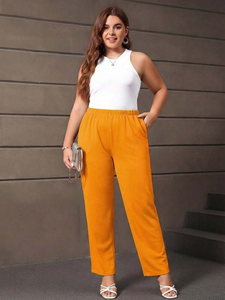 Plus Size Women's Casual Daily Solid Color  Yellow Long Pants With Pockets,Summer Outfits For Women, Solid Capris Pants,Spring/Summer/Vacation,Commute, Daily Wear