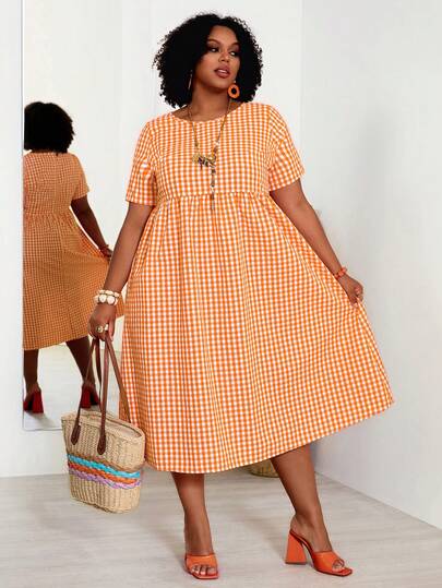 EMERY ROSE 大码女装夏季黄色格子圆领短袖宽松长款可爱娃娃裙带口袋