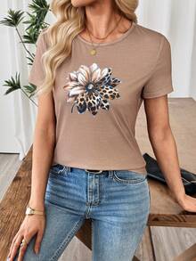 Silhoulove Women's Casual Vacation Rhinestone Leopard & Floral Print Short Sleeve T-Shirt, Suitable For Daily Commute - Khaki - View 7