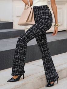 SHEIN Clasi Women's Plaid Flare Pants Black And White Checkered,Summer,Elegant,Office High Waist Tweed Trousers For Business Casual,Commute,Work & Tall Suit Pants - Black and White - View 3