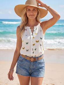 Sylviya Top de tirantes con estampado de mariposa, informal para vacaciones de verano - Beis - Ver 4