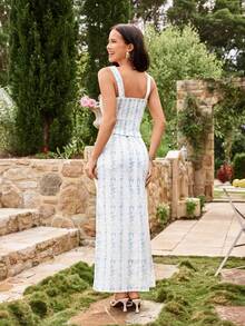 KARISMINA 女士优雅休闲浪漫印花两件套，前襟纽扣设计，腰部收紧，适合春夏穿着。 - 淺藍色 - 查看 3