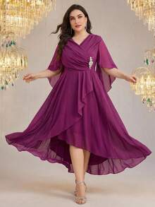 Reflora Đầm midi ngắn tay xếp ly màu trơn dành cho nữ cỡ lớn, thanh lịch - Màu đỏ tím - Xem 10