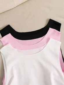 SHEIN 3件組青少年女孩休閒腰綁帶無袖連身衣套裝 連身衣舞衣 青少年女孩舞衣 - 淺粉色 - 查看 4
