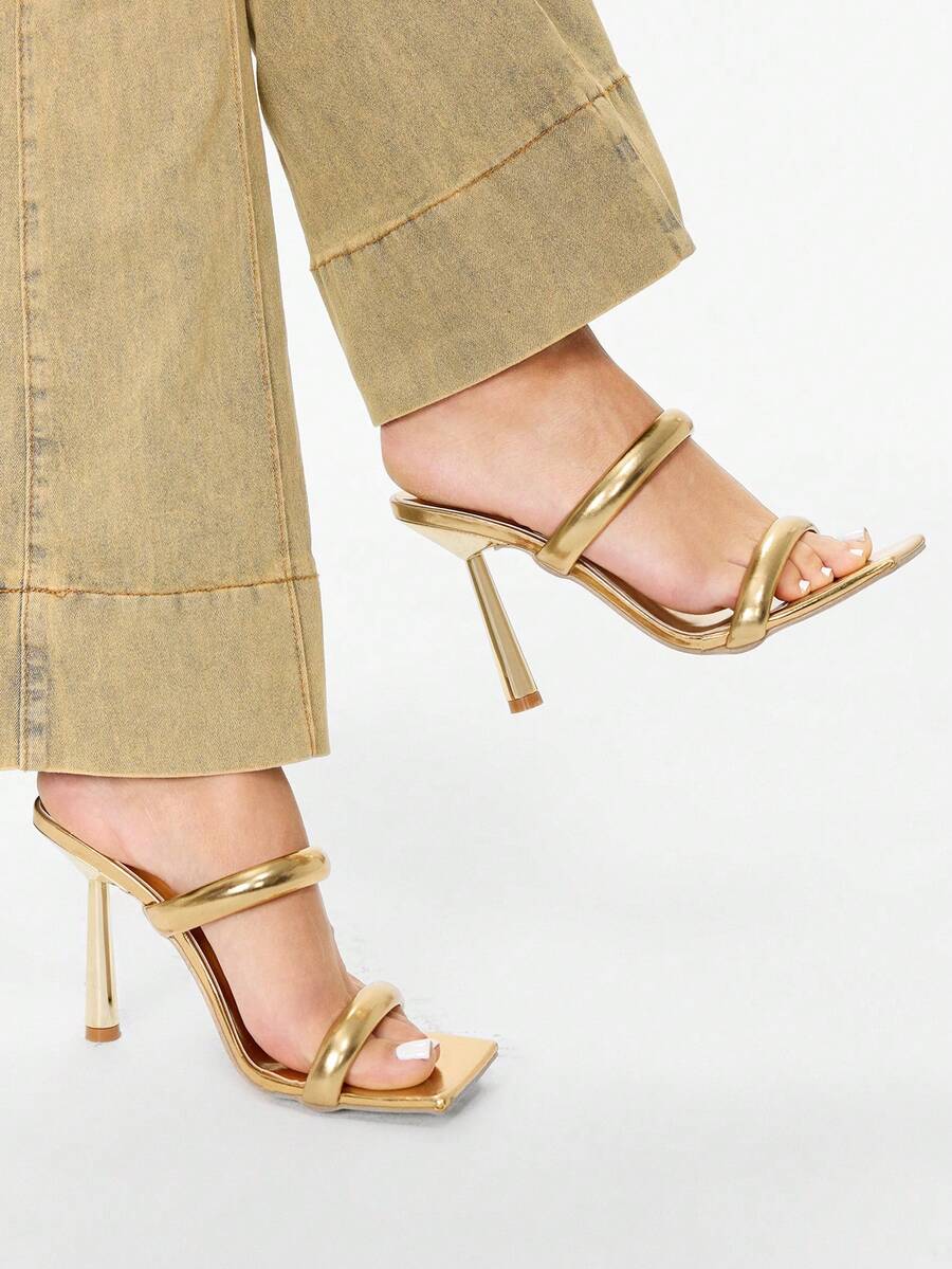 Glitzique Giày Sandal Nữ Cao Gót Thời Trang Mũi Vuông Màu Trơn - Vàng - Xem 1