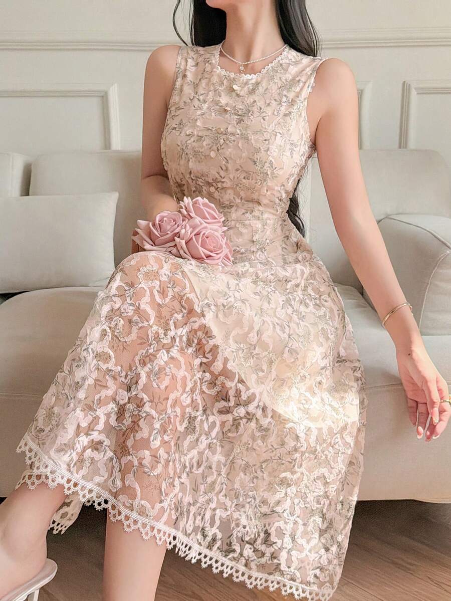DAZY 女士印花圆领无袖中长连衣裙，复活节吊带裙/鸡尾酒裙 - 綠色 - 查看 1