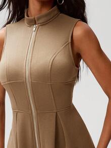 Denimoi Zip Front Wide Leg Fleece Jumpsuit Casual Outfits Cozy Outfits Casual Jumpsuit Airport Outfits - Mocha Brown - View 2