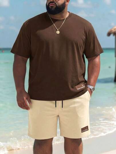 ResortEase 大码男士纯色圆领短袖上衣和短裤两件套休闲装，舒适装