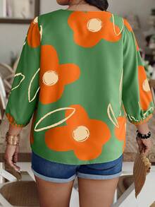 Weeklong Random Floral Print V-Neck Lantern Sleeve Blouse For Plus Size Women - Multicolor - View 2