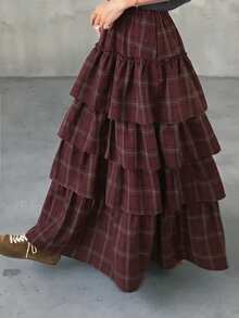 FRIFUL Women's Casual Commuter Plaid Layered Long Skirt - Multicolor - View 1