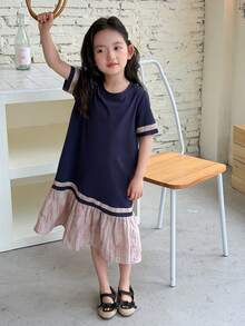 Dazy Kids Young Girls Color Block Korean Style Patchwork Dress Summer Sun Dresses - Pink - View 3
