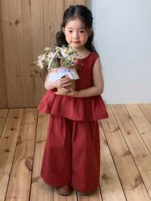 DAZY Baby Girl Sleeveless Blouse And Wide Leg Pants Korean Style Set - Red - View 5