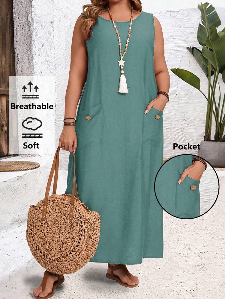 Plus Size Sleeveless Solid Color Dress, Casual Vacation