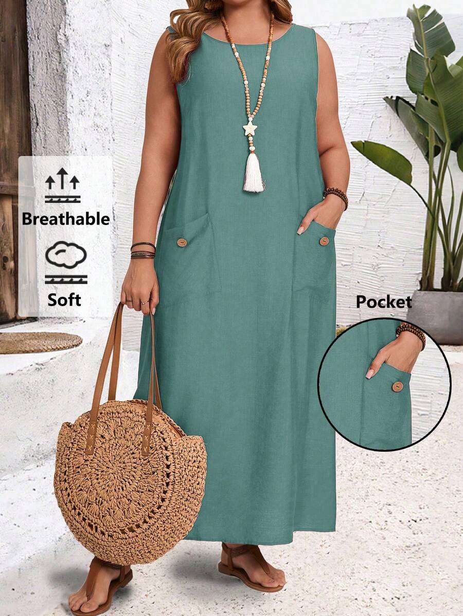 EMERY ROSE Vestido sin mangas de unicolor talla grande, casual para vacaciones - Agua verde azul - Ver 1