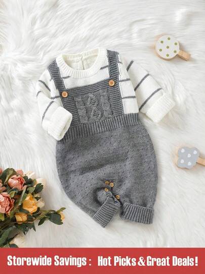 嬰兒女童條紋圖案2合1針織連體褲