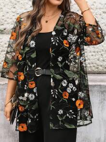 EMERY ROSE Veste décontracté polyvalente en mousseline de soie avec broderie florale, grande taille - Multicolore - Voir 1