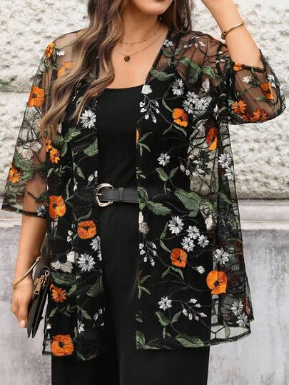 EMERY ROSE 大码花卉刺绣薄纱休闲百搭外套