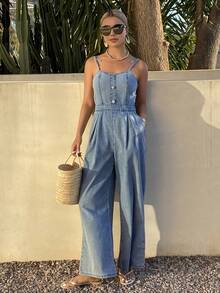 DAZY Women's Casual Washed Denim Jumpsuit With Wide Leg, Summer - Medium Wash - View 4