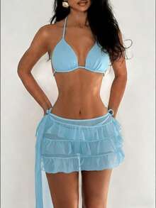 EgrlEra Bộ bikini 3 mảnh màu trơn dành cho nữ, kiểu dáng váy xòe, cổ yếm, hở lưng, gợi cảm, thích hợp cho kỳ nghỉ biển. - Màu xanh nhạt - Xem 1