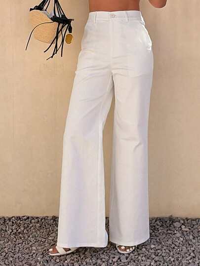 DAZY Women's Casual Solid White Flare Pants, Spring/Summer