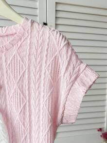 SHEIN Tween Girls' Casual Elegant Rhinestone Handmade 3D Floral Decor Round Neck Raglan Sleeve Textured Loose Knit T-Shirt,Kids - Baby Pink - View 4