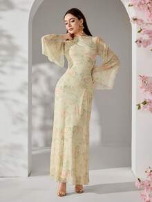 Vestido elegante de manga abullonada con cuello oblicuo y bajo asimétrico en color amarillo mostaza - Multicolor - Ver 9