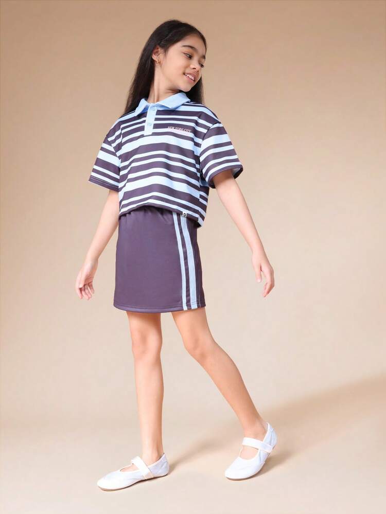 Striped Polo And Skirt Set With Print