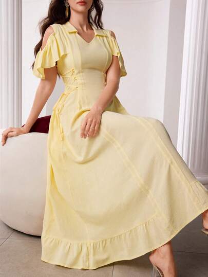 Modelyn Đầm xòe tay ngắn cổ sơ mi, trễ vai, thắt eo dành cho nữ