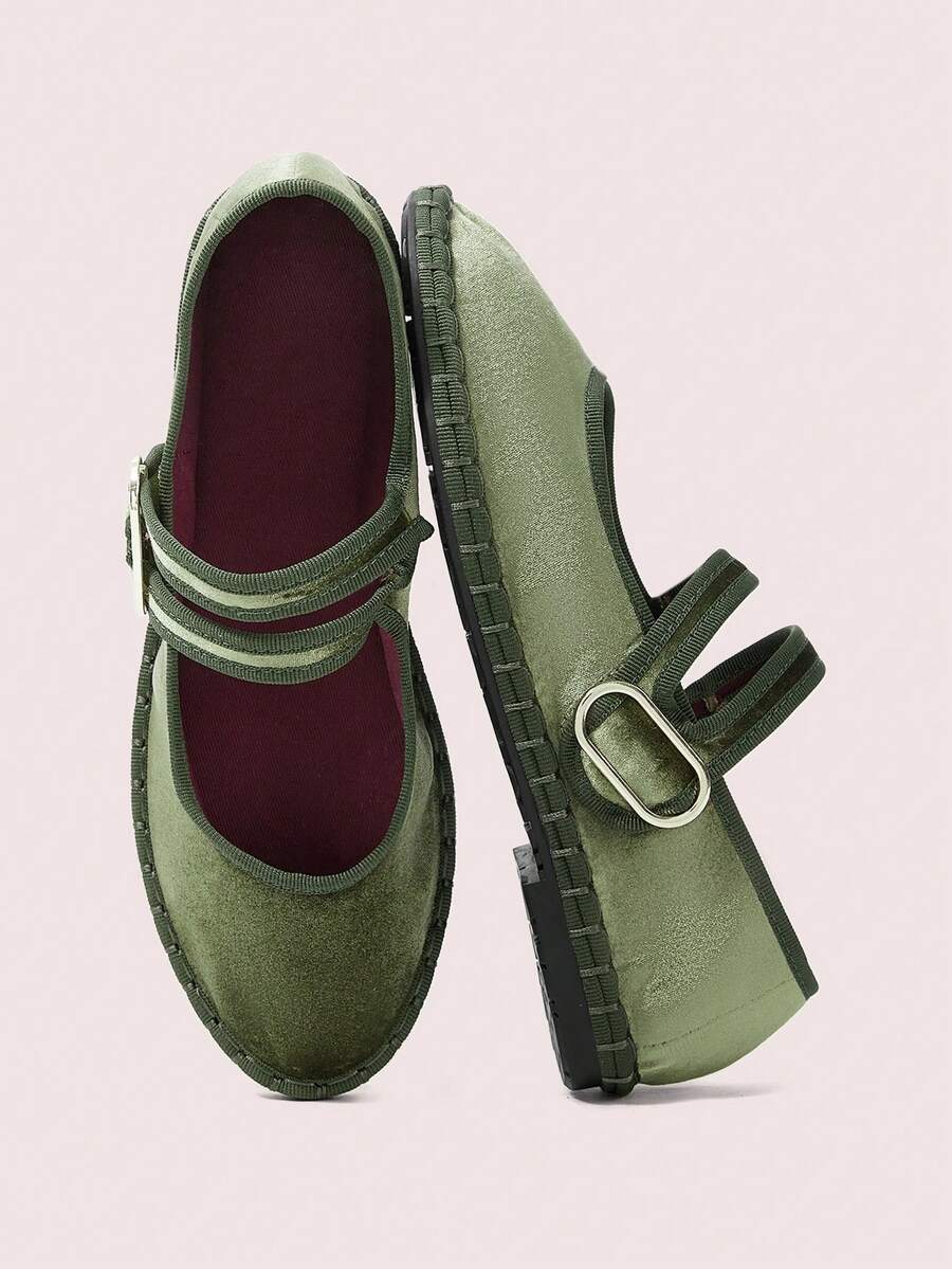 CUCCOO DOLLMOD Women's Grey Elegant Velvet Classic Comfortable Velvet Parallel Double Strap Mary Jane Flat Shoes - Army Green - View 1