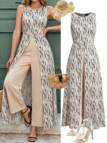 Ellevyn Women's Elegant Vacation Printed Wrap-Style Round Neck Jumpsuit Summer Outfits For Women - Multicolor - View 1