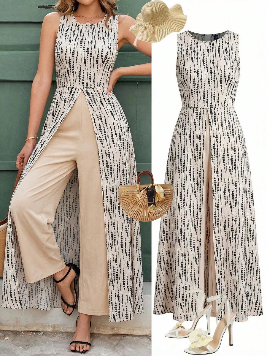 Ellevyn Women's Elegant Vacation Printed Wrap-Style Round Neck Jumpsuit Summer Outfits For Women - Multicolor - View 1