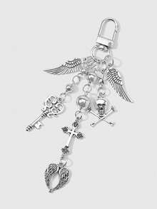 ROMWE Bộ 2 móc khóa/móc túi hình trái tim phong cách Gothic Y2K cá nhân hóa, ngọt ngào, cá tính, tối màu, màu bạc, đính ngọc trai giả, nơ, ngôi sao, xương, đầu lâu, chữ thập, cánh dơi, thích hợp cho các cặp đôi, chị em gái và bạn gái đeo hàng ngày, quà tặng ngày lễ. - Bạc - Xem 7