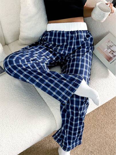 SHEIN Quần pajama nữ trơn màu, có cạp chun, in họa tiết kẻ caro.