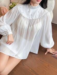 DAZY Elegant French Palace Style Rhinestone Mesh Patchwork Lantern Sleeve Sheer Blouse, Loose Fit Women Shirt - White - View 3