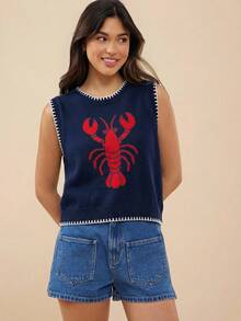 WESTFADE Round Neck Multi Stitch Summer Lobster Intarsia Sweater Tank Top Spring Break Vacation - Navy Blue - View 3