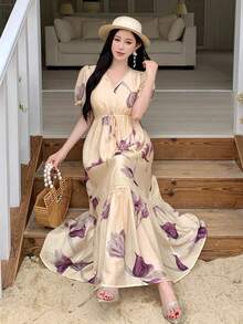 DAZY 女士V领印花短袖收腰宽松休闲度假连衣裙 - 杏色 - 查看 5