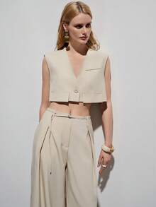 Aveloria Modichic Minimalist Elegant Women's Commuting Modern Versatile Sleeveless Single-Button Design Cropped Vest Suit Paired With Asymmetrical Waistband Loose Wide-Leg Suit Pants - Apricot - View 2