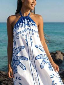 CAJUNI 宽松飘逸的蓝白印花连衣裙，适合夏季休闲/度假穿着 - 藍色 - 查看 5