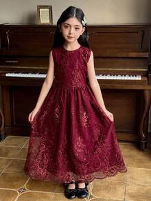 DAZY Tween Girls Sleeveless Sequin Embroidered Dress, Fall Outfit - Red - View 5
